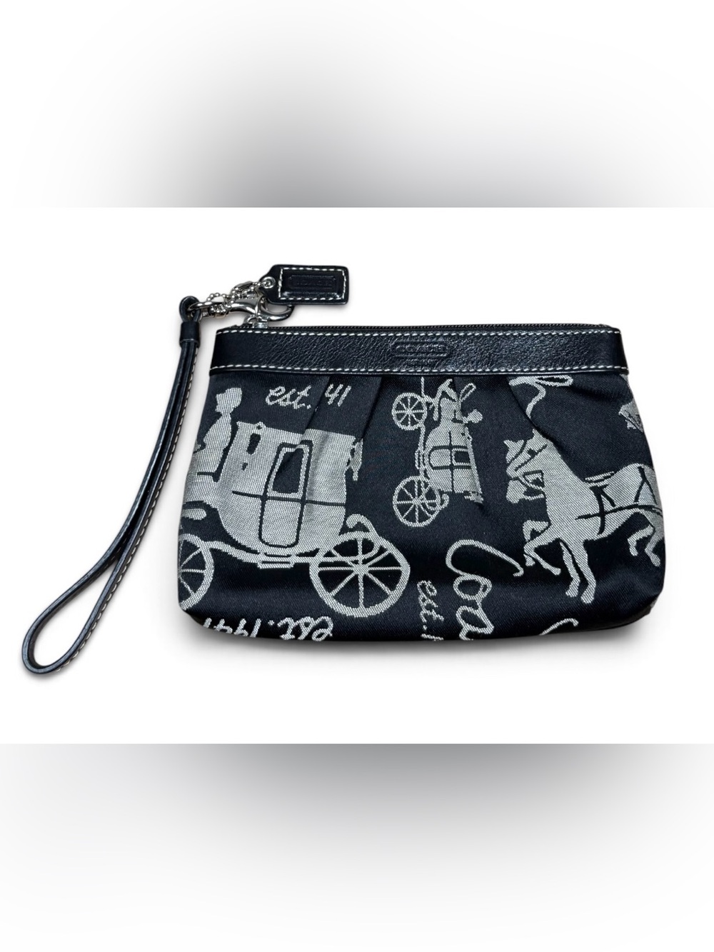 Y2K Coach Horse & Carriage Print Canvas Leather Wristlet Black & Grey